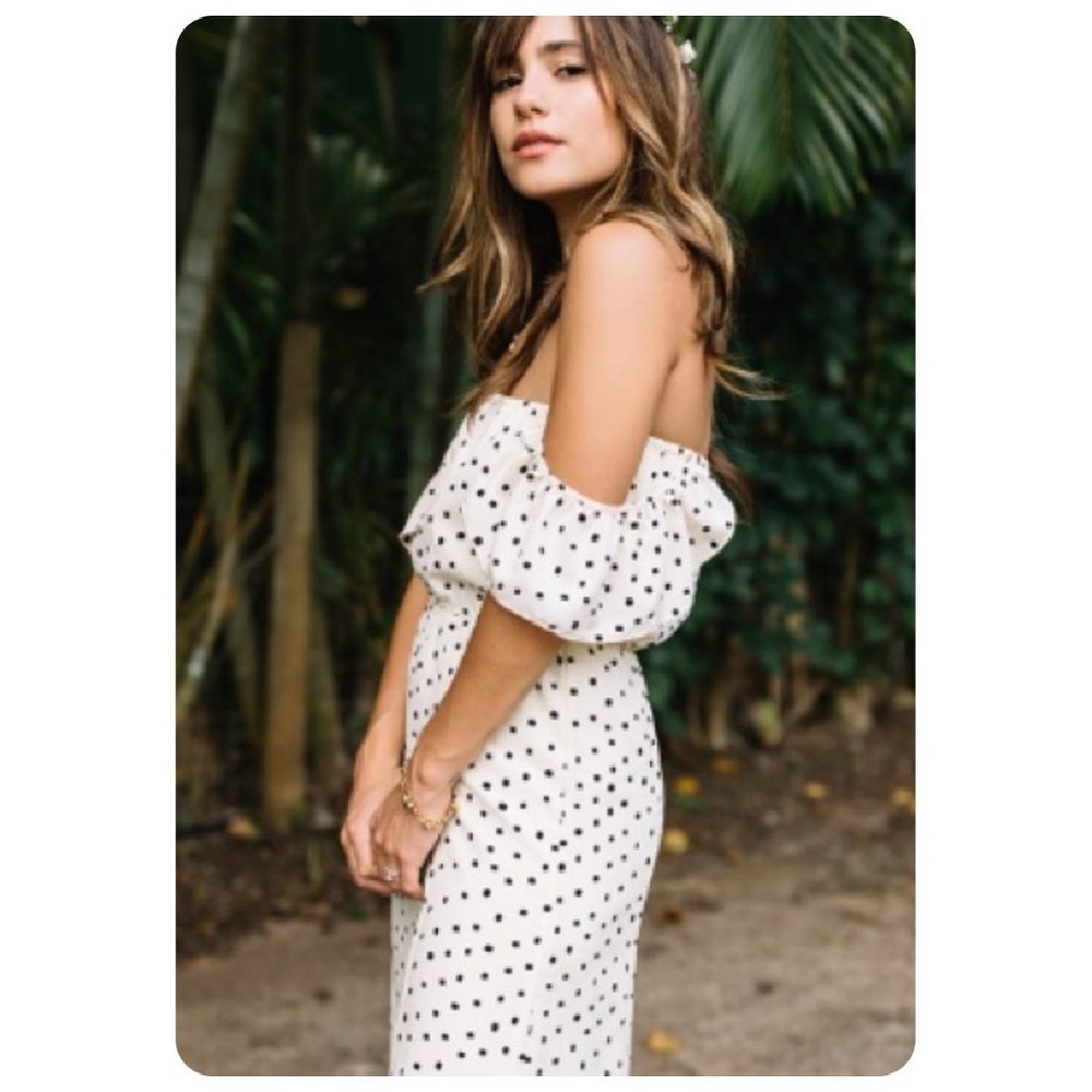 Amuse Society Sweeter Than You Cream Polka Dot Off The Shoulder Midi Dress sz xs